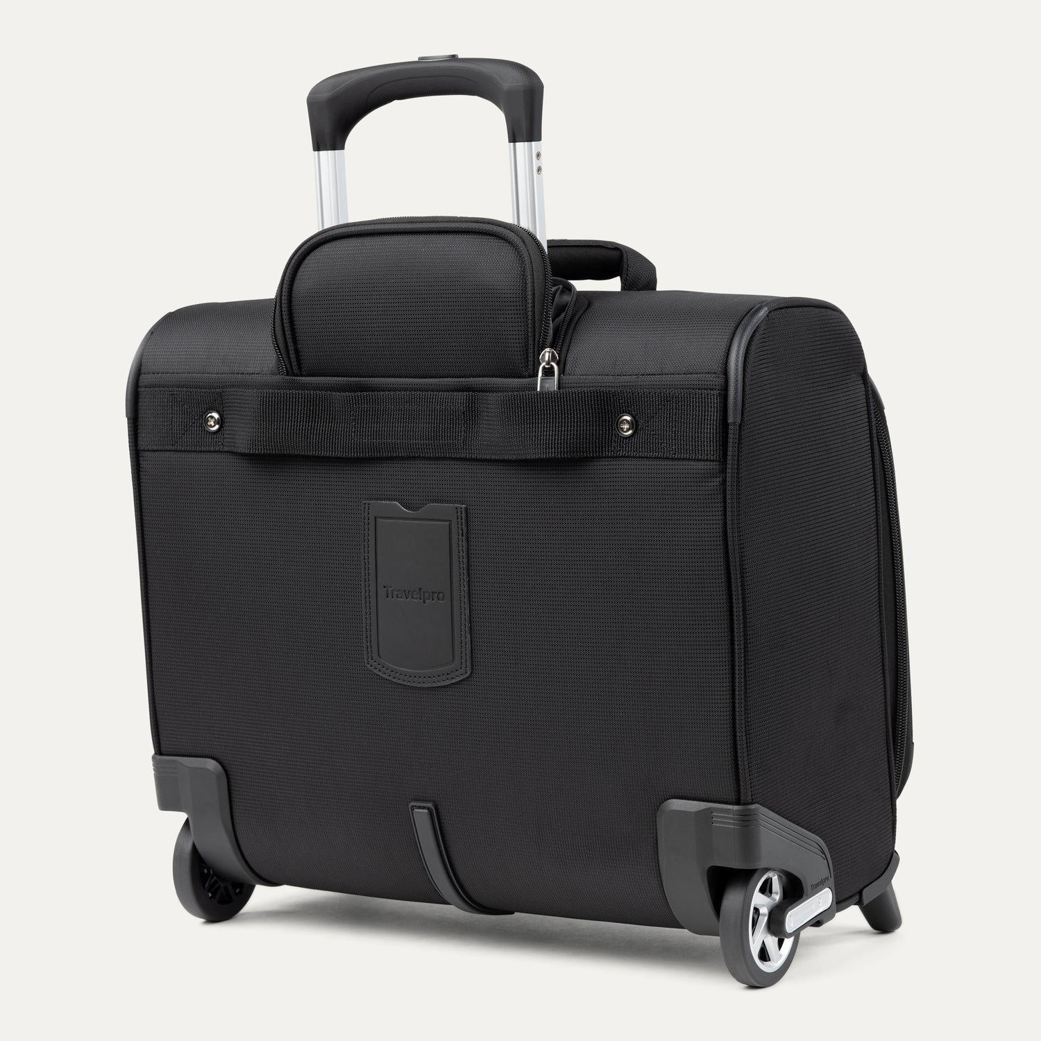 rear view of the black travelpro maxlite 5 carry-on rolling tote showing the integrated rear stacking strap, high-performance ball bearing wheels, and the retractable powerscope lite handle.