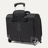 rear view of the black travelpro maxlite 5 carry-on rolling tote showing the integrated rear stacking strap, high-performance ball bearing wheels, and the retractable powerscope lite handle.