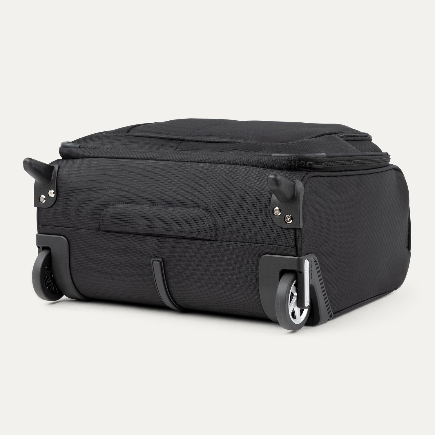 bottom view of the black travelpro maxlite 5 carry-on rolling tote showing the high-performance ball bearing wheels, protective corner guards, and the bottom stabilizer bar.
