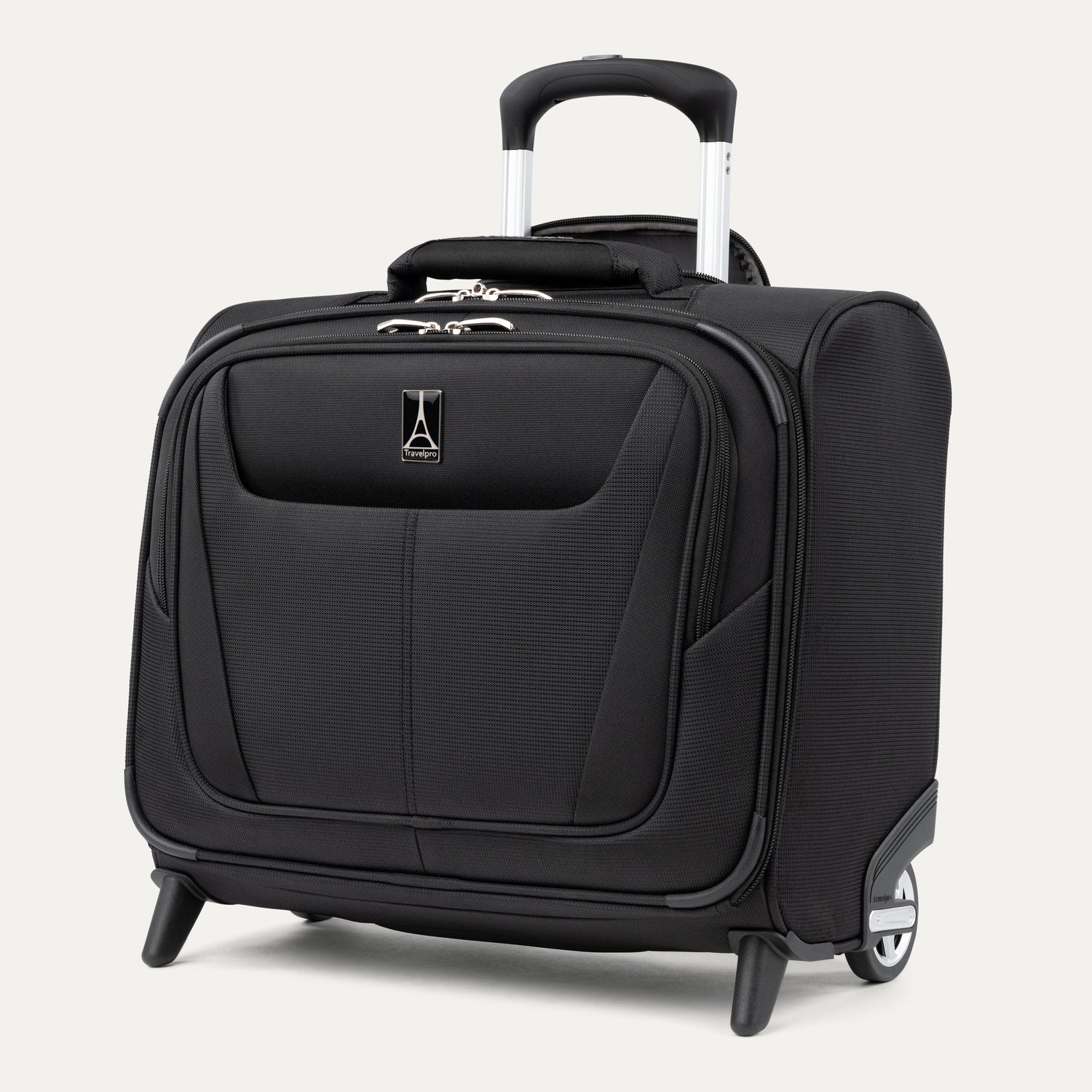 front view of the black travelpro maxlite 5 carry-on rolling tote featuring a quick-access front flap, organized electronics storage, and a retractable powerscope lite handle.
