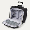 interior view of the open black travelpro maxlite 5 carry-on rolling tote showing the light gray ecofab lining, a large mesh zippered lid pocket, and the roomy main compartment.