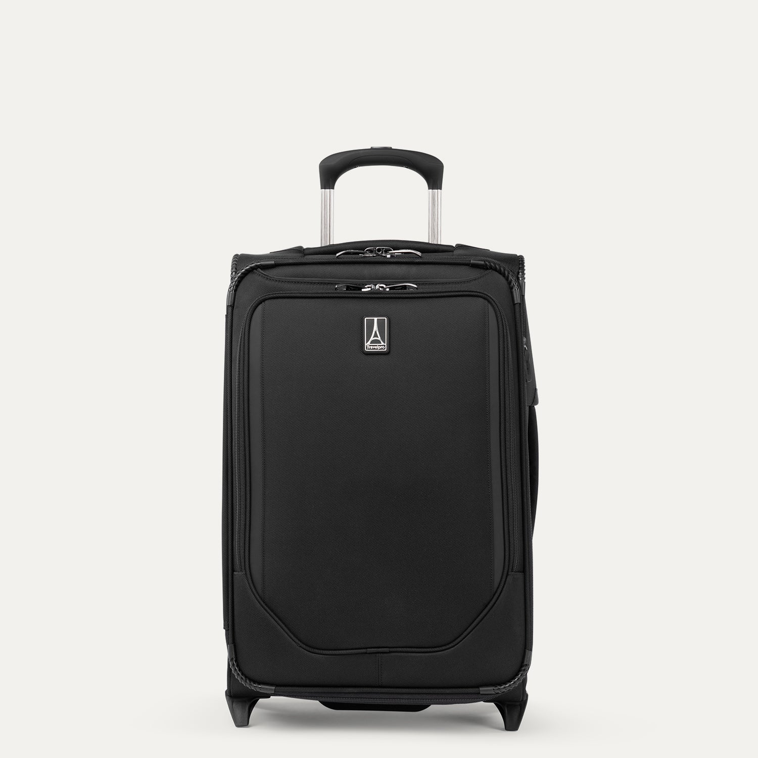 Front view of Travelpro Crew Classic Carry-On Rollaboard in Black, featuring large front panel and PowerScope Lite Handle.
