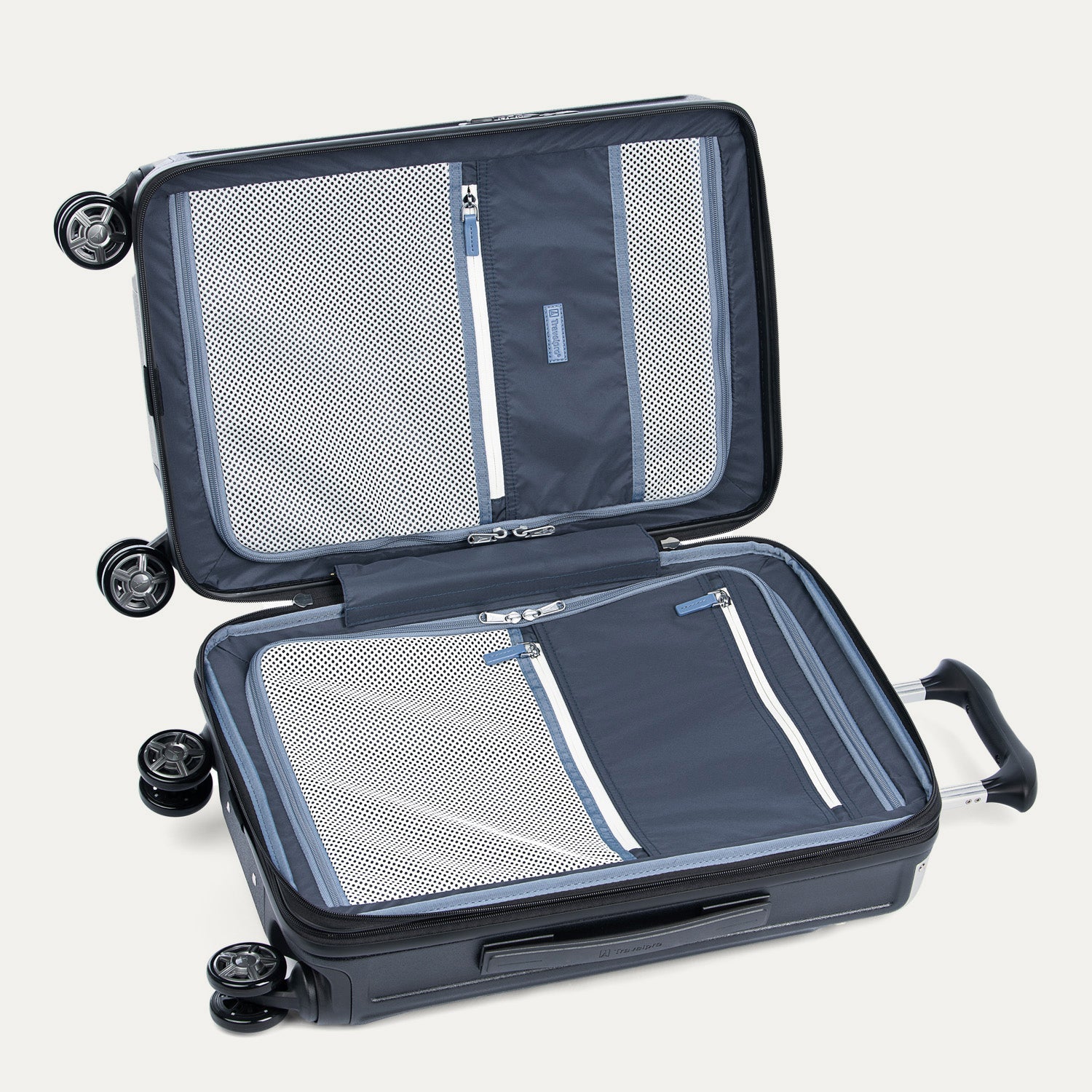 Open navy suitcase with black wheels and handle on a white background