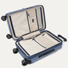 Open blue suitcase with beige interior on a white background