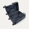 Open navy suitcase with black wheels on a white background