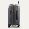 Side view of expanded gray suitcase with combination lock on a white background