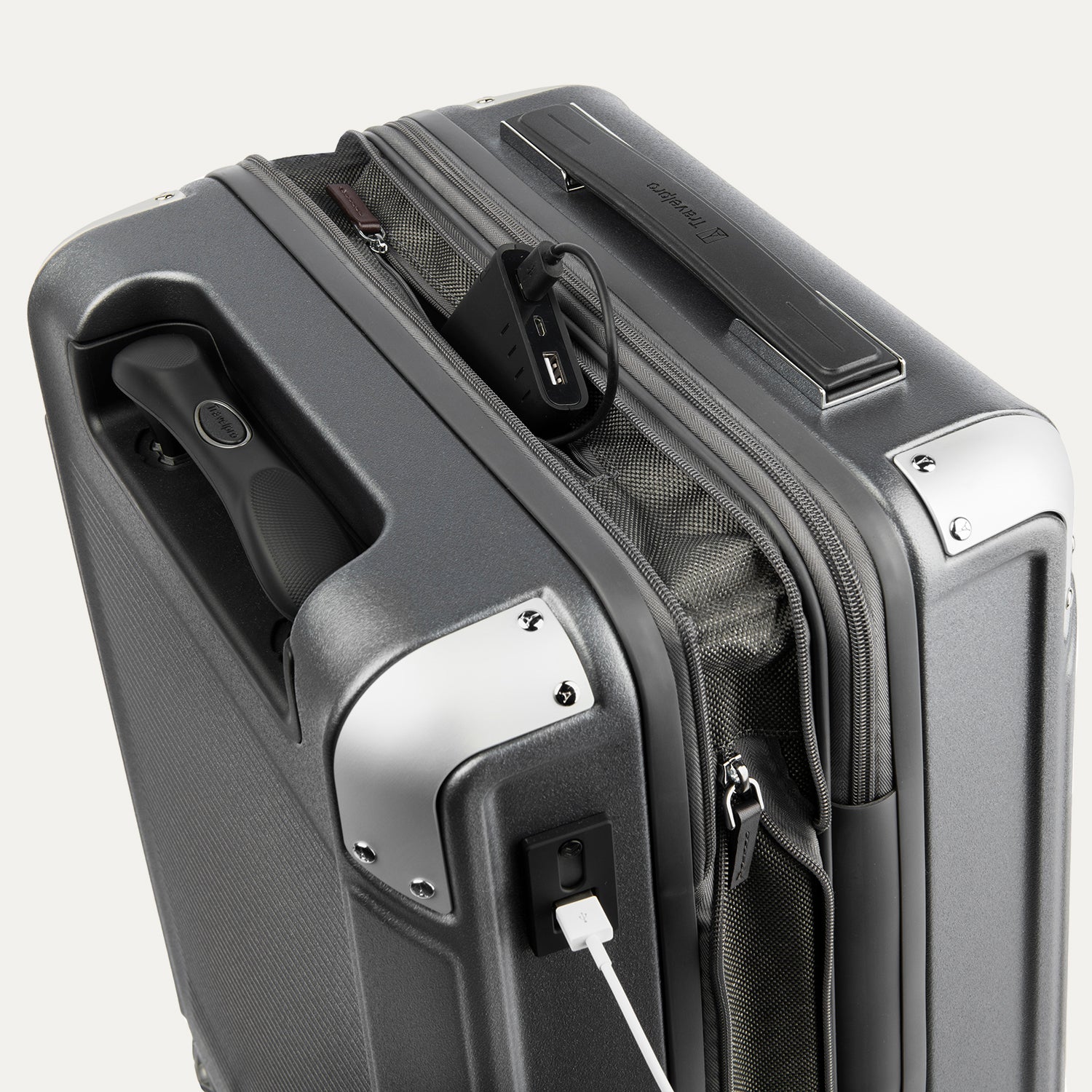 Close-up of a gray suitcase suitcase with USB cable outlet on a white background.
