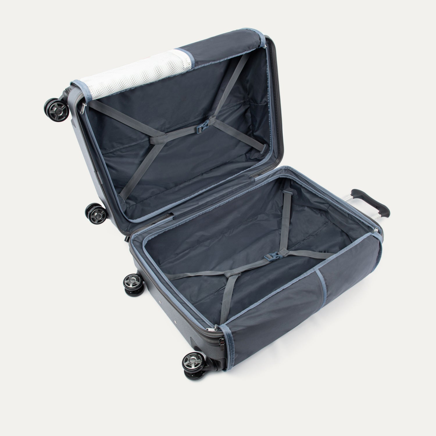 Open gray suitcase with black wheels on a white background