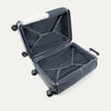 Open gray suitcase with black wheels on a white background