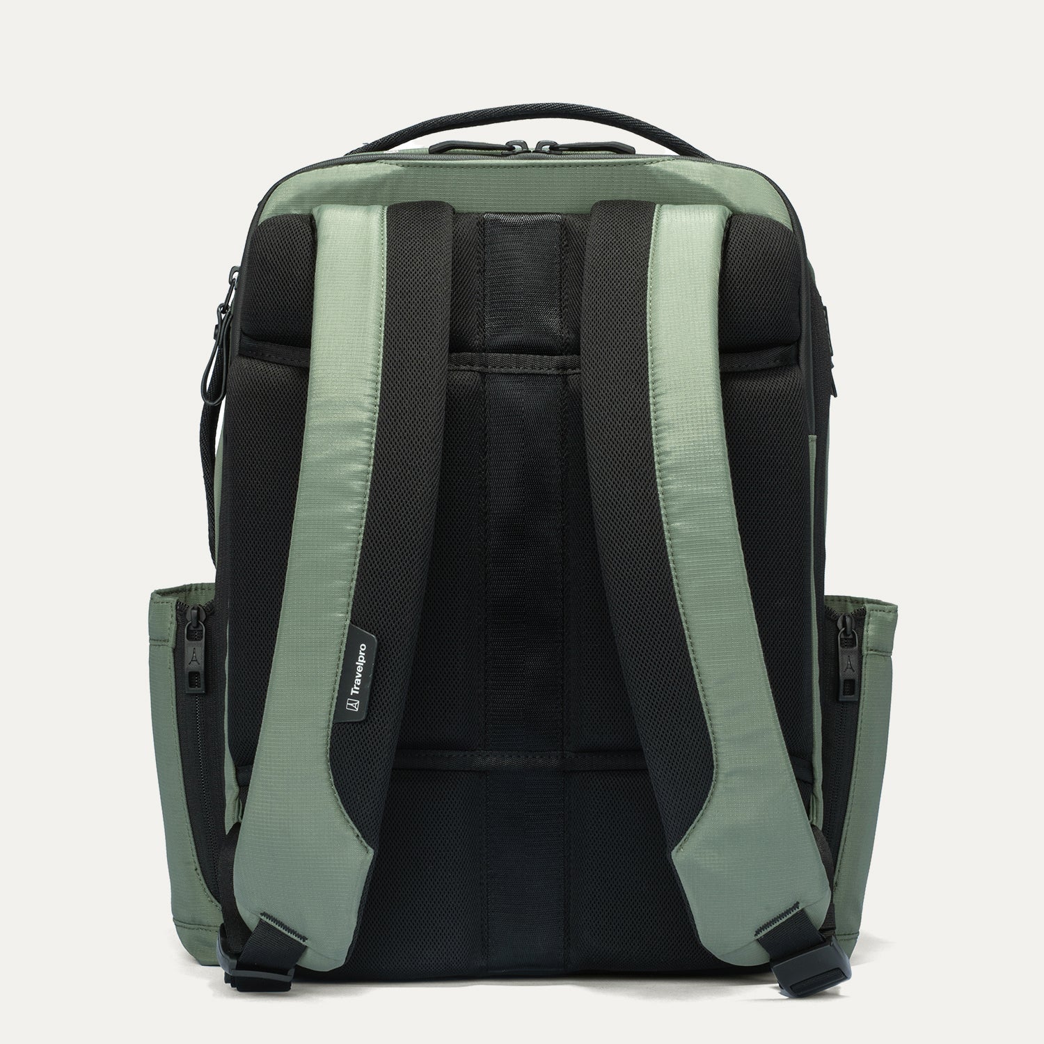 Back view of a green and black backpack on a white background
