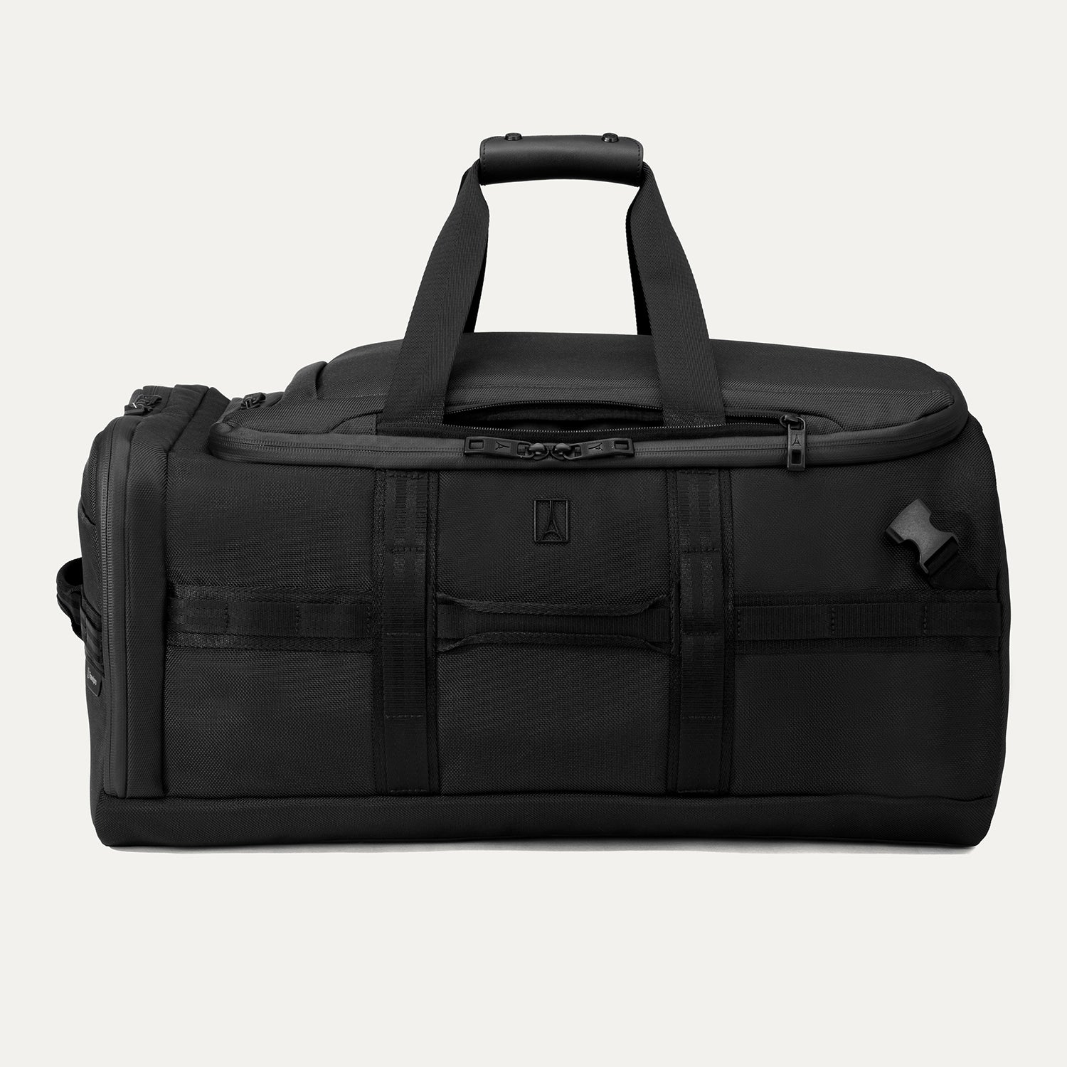 Front view of the Travelpro Altitude Convertible Duffel/Backpack in Jet Black, showing front zipper pocket, daisy chain loops, and top carry handles.

