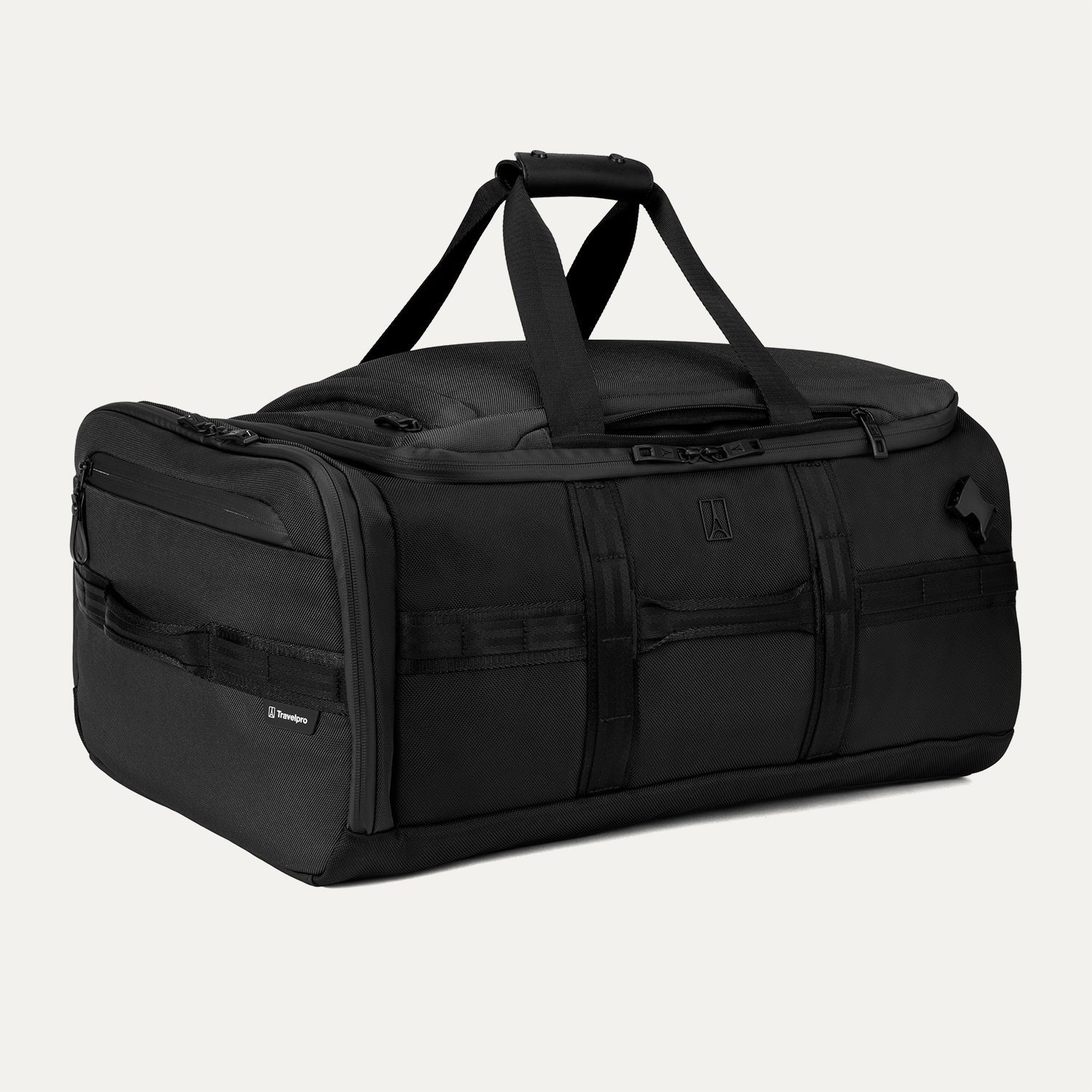 Angled front view of the Travelpro Altitude Convertible Duffel/Backpack in Jet Black, showing top handles, zippered compartments, and side branding.
