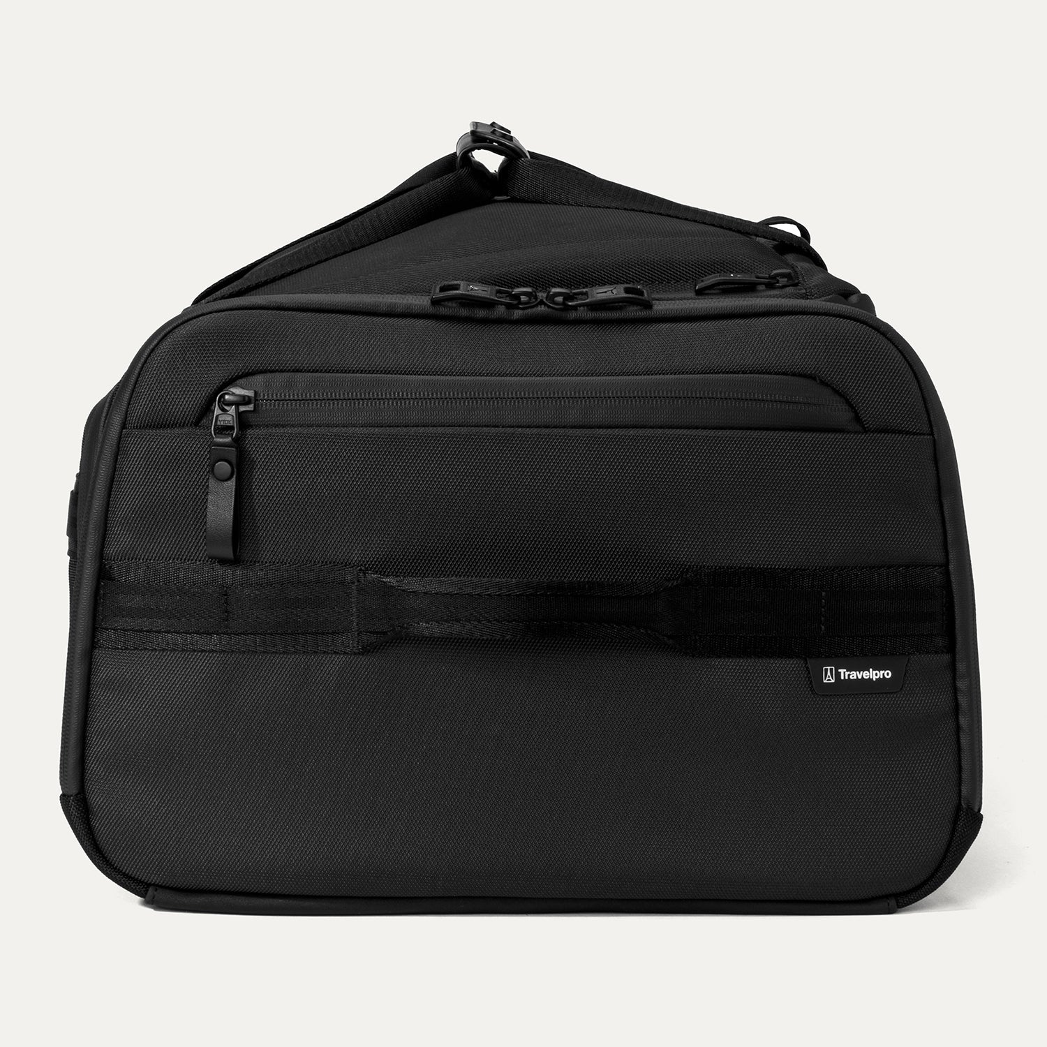 Side view of the Travelpro Altitude Convertible Duffel/Backpack in Jet Black, featuring streamlined handles and sleek paneling.
