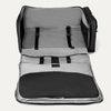 Open backpack with gray interior and black exterior on a white background