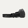 Side view of the Travelpro Altitude Sling 2L in Jet Black, showing Travelpro logo tab and adjustable buckle strap.

