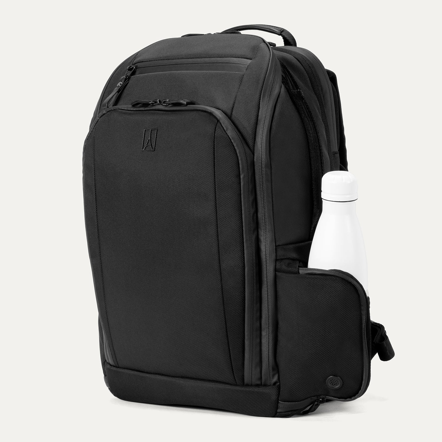 Front angle of Travelpro Altitude All-Purpose Laptop Backpack in Jet Black, showing exterior pocket with bottle storage.
