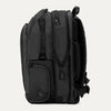 Expanded side view of Travelpro Altitude All-Purpose Laptop Backpack in Jet Black, showing zippered compartments and external gear pocket.
