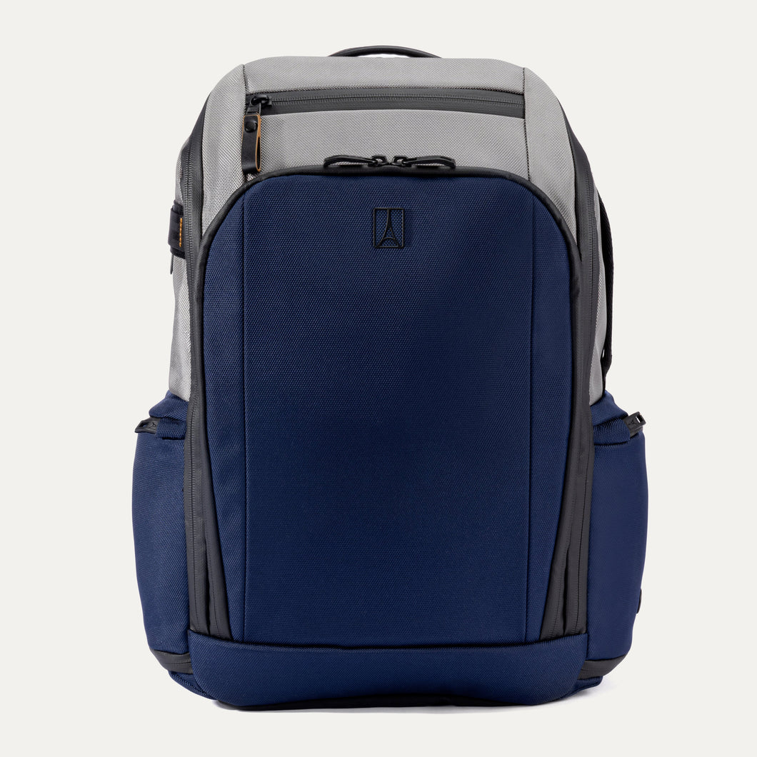 Blue and gray backpack on a white background