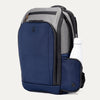 Front angled view of the Travelpro Altitude All-Purpose Backpack in Stellar Navy/Grey, with water bottle in side pocket.
