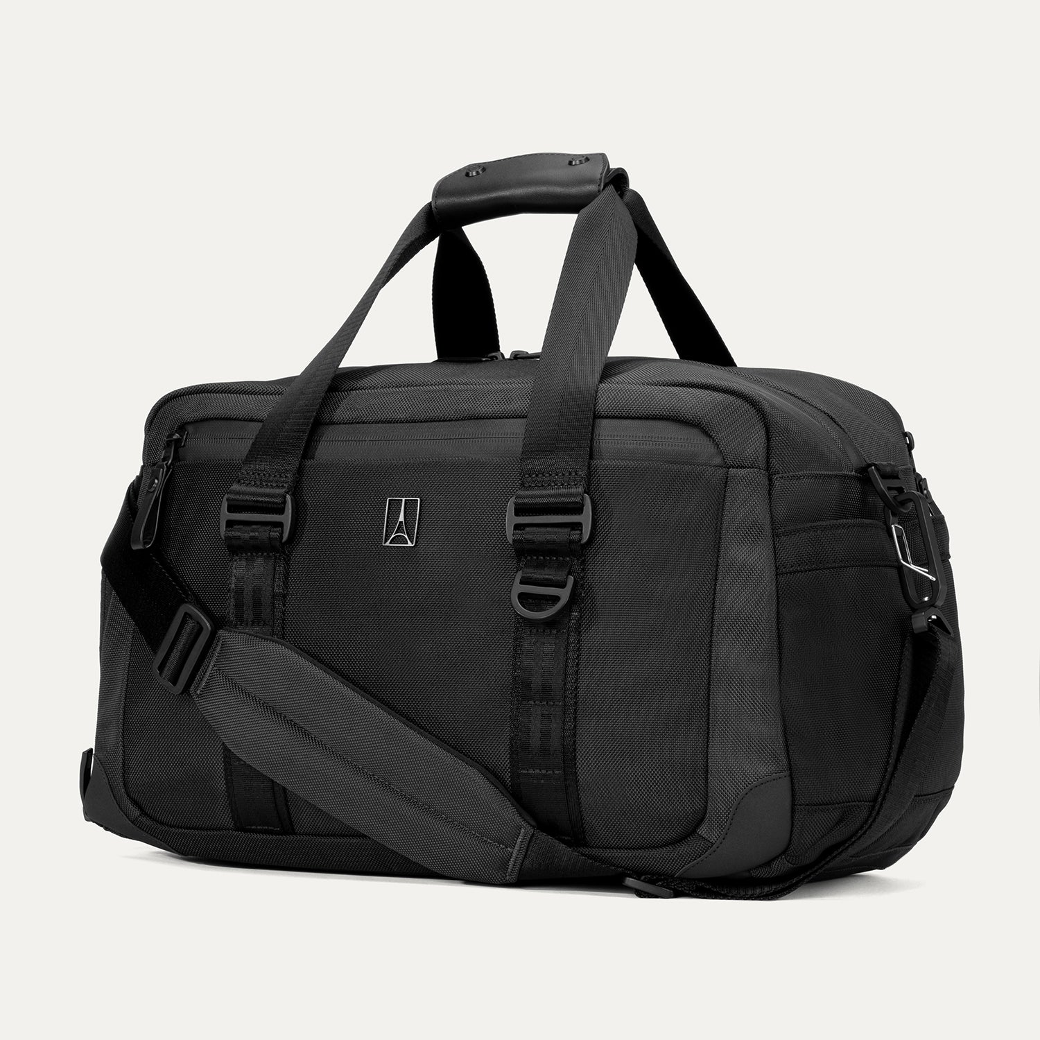 Angled front view of the Travelpro Altitude Day-to-Day Duffel in Jet Black, showing carry handles, D-rings and shoulder strap.