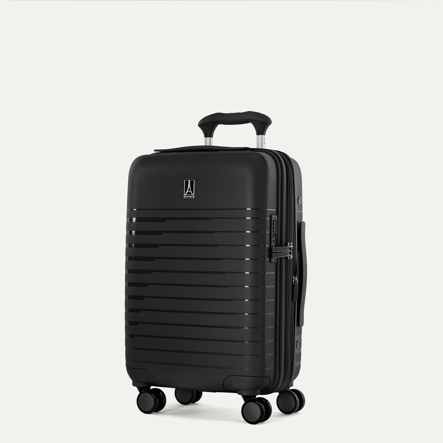 Three-quarter view of the Optima Expandable Compact Carry-on Spinner in Black, showcasing the sleek, durable polypropylene hardshell design, vertical ribbing, and smooth mobility on multi-directional spinner wheels.