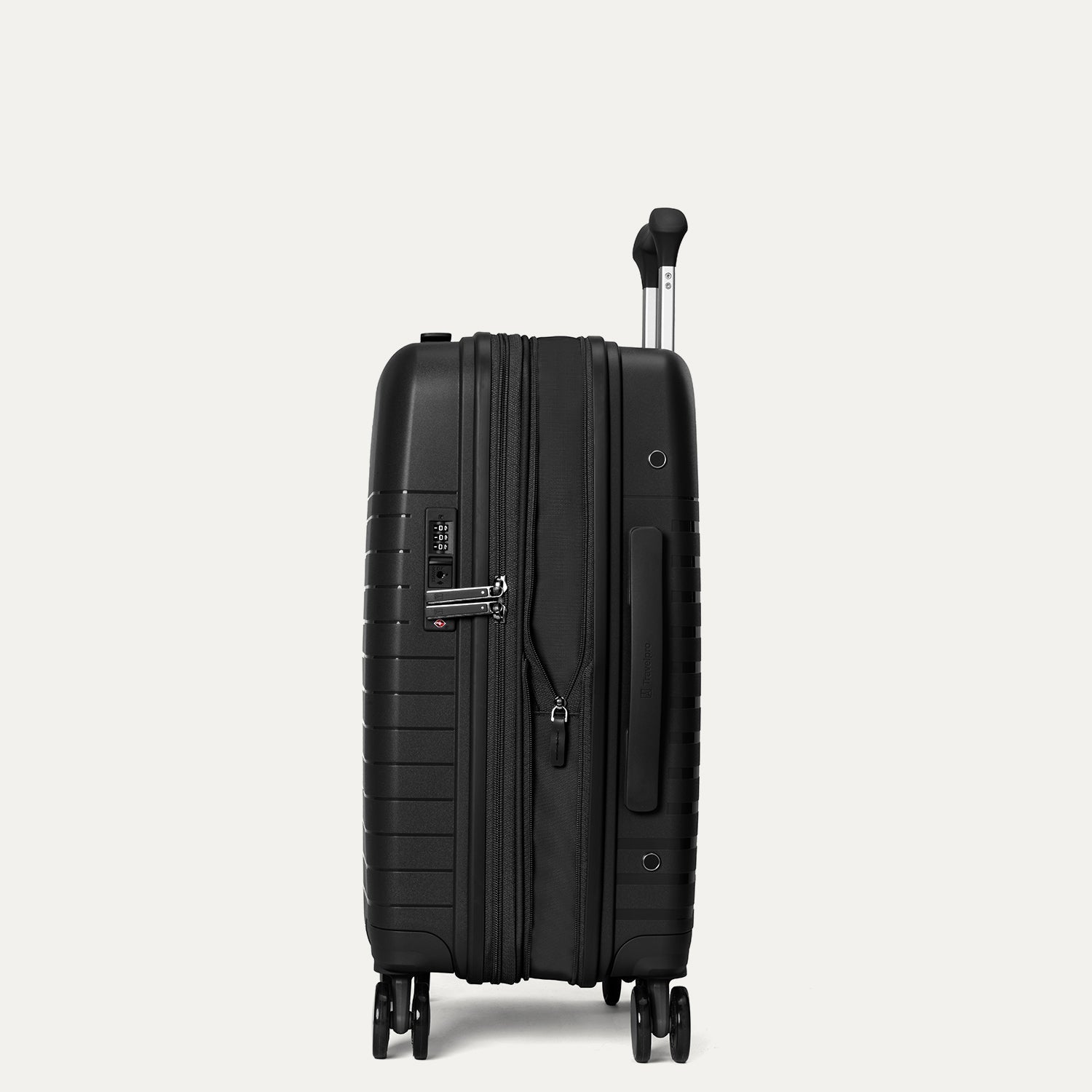 Side-profile view of the Optima Expandable Compact Carry-on Spinner in Black, showcasing the sleek, durable hardshell exterior, integrated TSA-compliant lock, and side-mounted carry handle for easy handling.