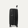 Side-profile view of the Optima Expandable Compact Carry-on Spinner in Black, showcasing the sleek, durable hardshell exterior, integrated TSA-compliant lock, and side-mounted carry handle for easy handling.
