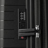 Close-up of a black suitcase with a combination lock and TSA lock.