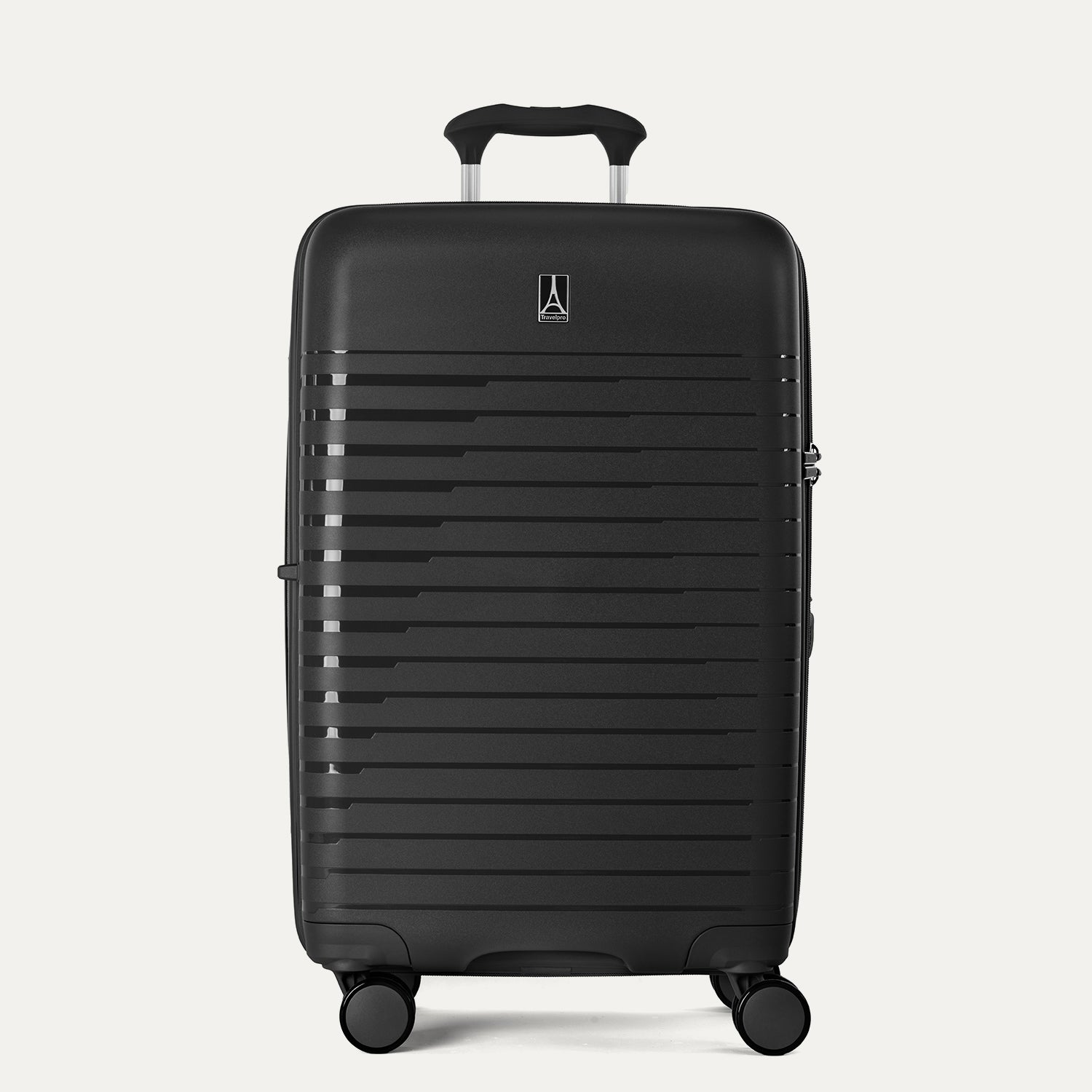 Front view of the Optima Expandable Medium Check-in Spinner in Black, showcasing the sleek, hardside shell, signature Travelpro branding, and upright profile.
