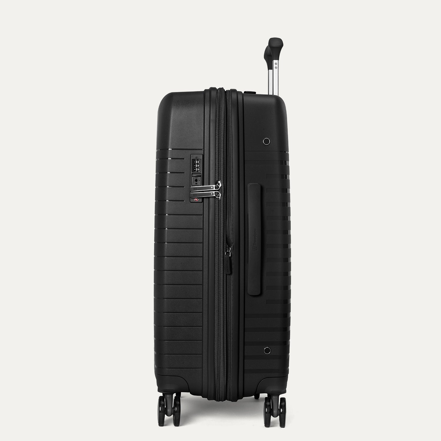 Side view of the Optima Expandable Medium Check-in Spinner in Black, highlighting the integrated side carry handle, the TSA-compliant lock, and the suitcase's sleek, durable side profile.