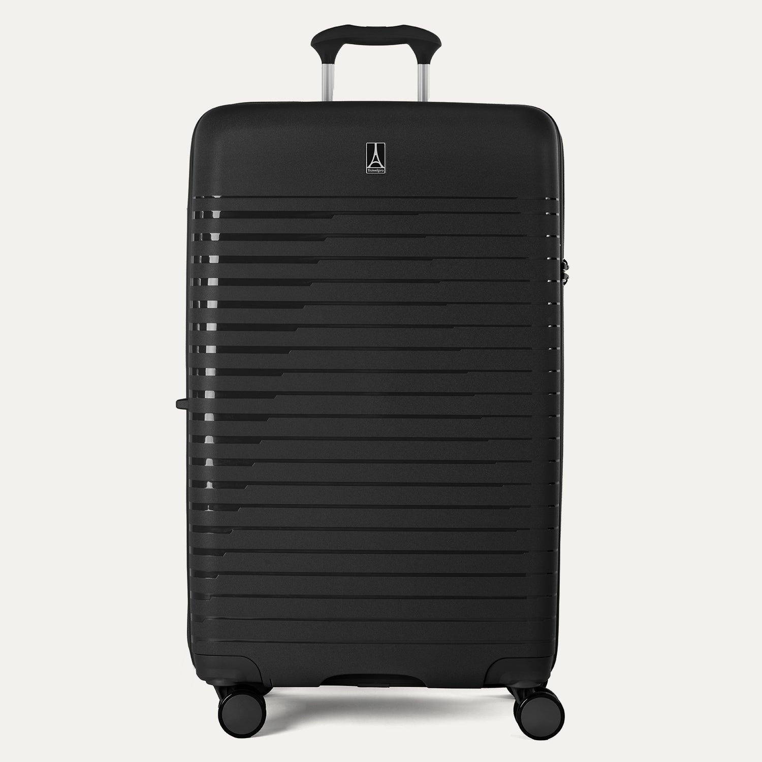 Front view of the Optima Expandable Large Check-in Spinner in Black, showcasing the sleek, hardside shell, signature Travelpro branding, and upright profile.