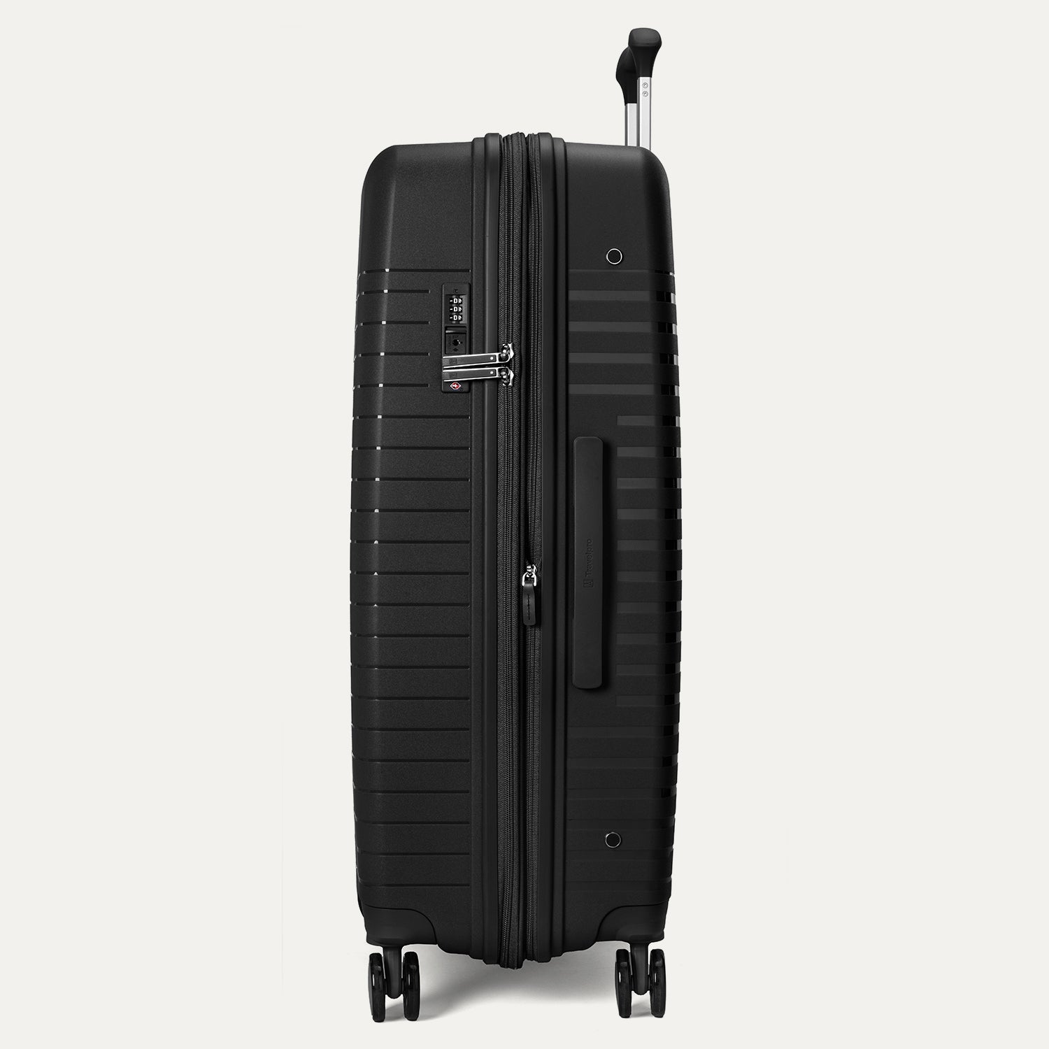 Side profile view of the Optima Expandable Large Check-in Spinner in Black, highlighting the integrated side carry handle, the TSA-compliant lock, and the suitcase's sleek, durable side profile.