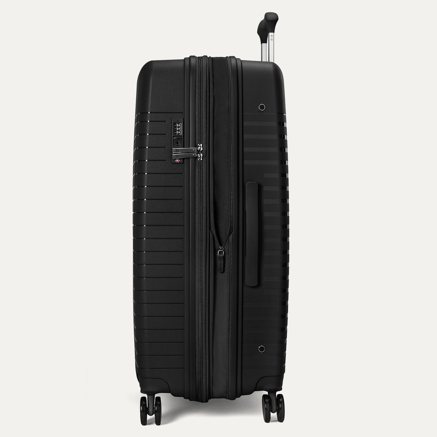 Side profile view of the Optima Expandable Large Check-in Spinner in Black, showcasing the TSA-compliant lock and integrated side carry handle for secure and comfortable transport.