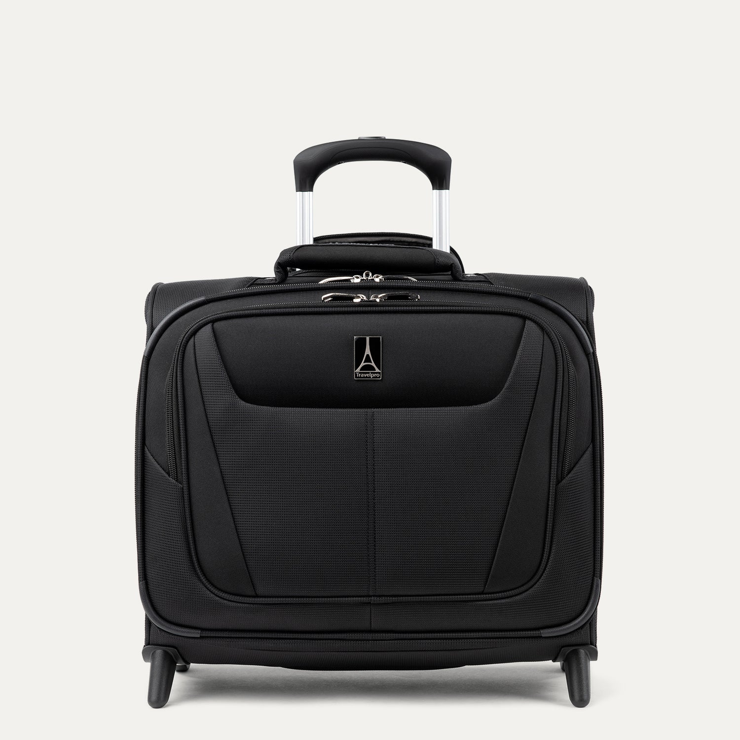Front view of Travelpro Maxlite 5 Carry-On Rolling Tote in Black, featuring a lightweight PowerScope Lite handle, high-performance ball bearing wheels, and a rear stacking strap.